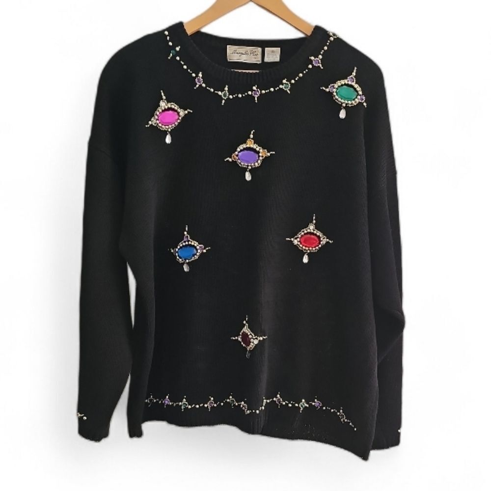Vintage Margules Plus Beaded Sweater Women's 1X 2X Black Ramie Cotton Maximalist
